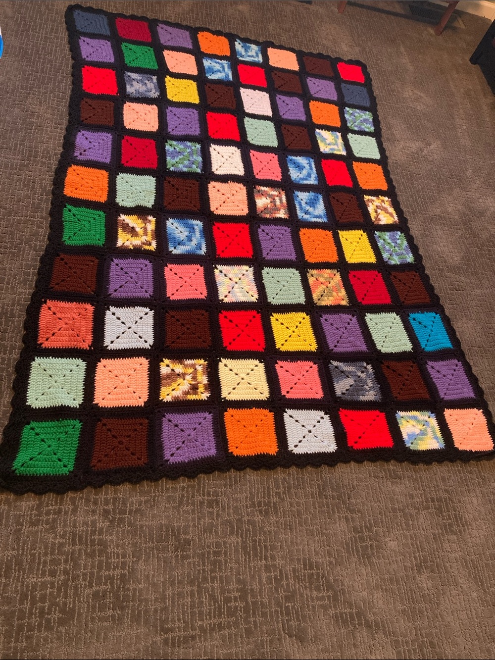Handmade Multicolor Crochet Granny Square Blanket with Black Border